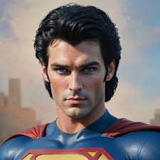 A close up of a man in a superman suit with a city in the background