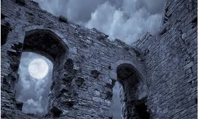 And they were sore afraid. Spooky Castle In The Moonlight With The Moon Shining Through A Window 6 12