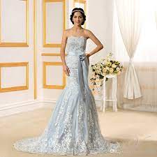2020 Romantic Light Blue Mermaid Wedding Dresses Lace Strapless Off The Shoulder Appliques Backless Chapel Train Bridal Gowns Romantic Wedding Dresses Vintage W Ice Blue Wedding Dress Wedding Gowns Vintage Wedding