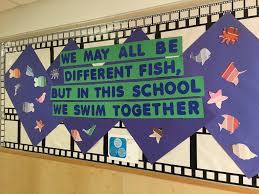 We May All Be Different Fish But In This School We Swim Together School Bulletin Board Fish Made Usin School Bulletin Boards Library Displays Different Fish