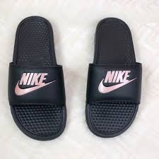 Black And Rose Gold Nike Slides Nike Benassi Slides In Black Size 9 With Nike Logo In Gold Rose Condition Pre Owned In Excellent Condition Wit Women Black Sandals Nike Benassi Black Sandals