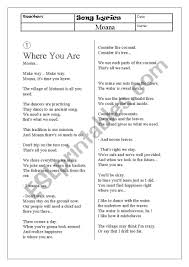 Moana Song Lyrics Handouts Esl Worksheet By Shy213