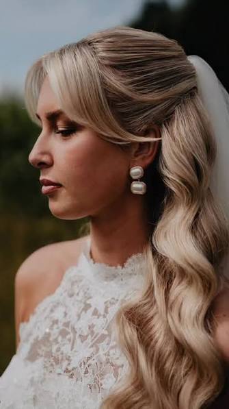 Blonde bridal Glam wave half op with curtain bangs? YES please 🔥, If you are a bride to be doubting if you should get curtain bangs? Do it! Love how this look turned out on my gorgeous bride ...