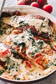 Pasta primavera with mushrooms, carrots, and asparagus image. Creamy Pan Seared Salmon Recipe Easy Salmon Dinner Idea