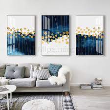 Gold Foral Art Framed Painting Navy Blue Set Of 3 Wall Art Etsy Blue Wall Art Painting Frames Blue Living Room Decor