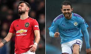 Bernardo silva of manchester city celebrates after scoring his team's first goal during the premier league match between manchester united and manchester city at old trafford on april 24, 2019 in. Bernardo Silva Challenges Bruno Fernandes In Friendly Rivalry Daily Mail Online
