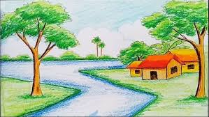 Scenery Drawing With Pencil Colour Drawing Scenery Easy Scenery Drawing Colorful Landscape