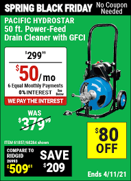 Harbor freight plumbing snakes part department jobs. Pacific Hydrostar 50 Ft Commercial Power Feed Drain Cleaner With Gfci For 299 99 Harbor Freight Coupons