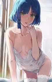 hews, yamada ryo, bocchi the rock!, highres, 1girl, all fours, areola slip,  bed sheet, blue hair, breasts, breasts apart, camisole, collarbone,  licking, licking finger, looking at viewer, mole, mole under eye, nipples,