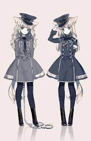 獣耳軍服ワンピース双子ちゃん 猫耳 イラスト ペア 画 イラスト かわいい 女の子 イラスト