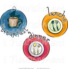 Breakfast, lunch, or dinner concept with a white cup of coffee, a fork, and a bread basket, all set up in front of a woman. Breakfast Lunch And Dinner Clipart Clip Art Bay