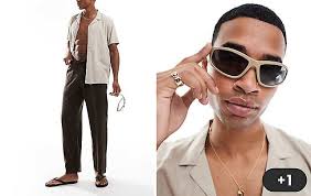 Bershka linen wide leg pants in brown