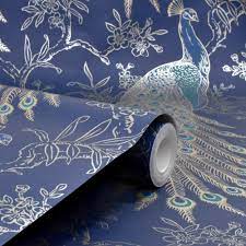 Old retro vintage style paper slavyanski wallpaper european double rolls wallcovering victorian damask wall decor coverings textured pattern 3d. Peacock Wallpaper Navy Blue Gold Metallic Feather Floral Vintage Birds Rasch 4000441215700 Ebay