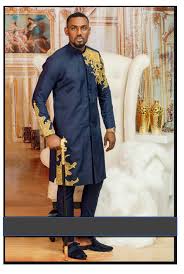Costume navy blue 3 piece suits mens wedding groom tuxedos best man striped slimtop rated seller. Navy Blue Gold African Wedding Mens Suit Mens Traditional Top Pants Africa Blooms