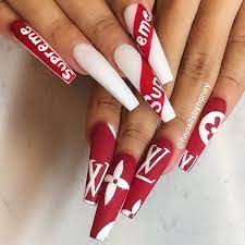 Louis vuitton aesthetic baddie nails instagram. Honey Phan On Instagram Louis Vuitton X Supreme Coffinnails Nailart Handsondesign Rednails Whitenails Supreme Gucci Nails Long Acrylic Nails Fake Nails