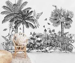 Bedroom Black And White Wall Mural Safari Removable Wallpaper Peel And Stick Tropical Wall Mural Black And White Wall Art Repositionable Wallpaper Safari Jungle 52 Jungle Wallpaper Removable Wallpaper Wall Murals
