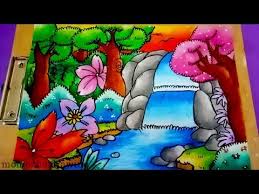 Ayah bunda bisa mulai mengajarinya teknik gradasi dalam menggambarkan pemandangan sekitar. Mewarnai Pemandangan Air Terjun Coloring And Drawing