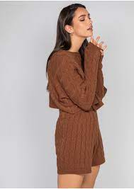 Our latest drop of co ords sets has your matching outfit game nailed. Cable Knit Jumper And Shorts Co Ord In Brown Outfitbook