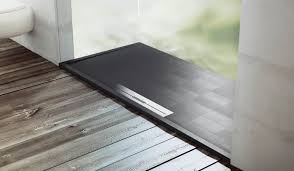 Fiora Silex Black Tile Pattern Low Profile Shower Tray With Stainless Steel Linear Waste Shower Tray Bathroom Design Trends Black Shower Tray