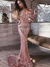 Mermaid Off The Shoulder Long Sleeves Rose Pink Sequined Prom Dress Prom Dresses Long With Sleeves Prom Dresses With Sleeves Long Sleeve Prom