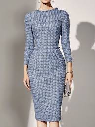 Bodycon Fringed Checkered Plaid Crew Neck Midi Dress Long Sleeve Dress Formal Long Sleeve Bodycon Dress Elegant Dresses