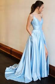 A Line Spaghetti Straps Sweep Train Light Blue Prom Dress With Split Pockets Light Blue Prom Dress Satin Prom Dress Prom Dresses Blue