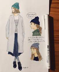 やっと髪が伸びてきたので ニット帽の被り方をあれこれ妄想中ᖙ z ᖚ イラスト ファッションイラスト アナログ絵 コピック コーディネート 大人コーデ ootd プリーツスカート おじ靴 ニット帽 ニット帽女子 ニット帽コーデ ルーズヘア ファッション