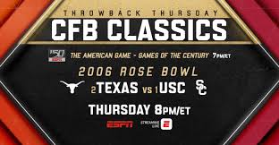 Watch texas college mens varsity football highlights and check out their schedule and roster on hudl. Espn Adds Throwback Thursday College Football Classics To Primetime Slate Historic 2006 Rose Bowl Game Featuring No 2 Texas Vs No 1 Usc Airs This Week Espn Press Room U S