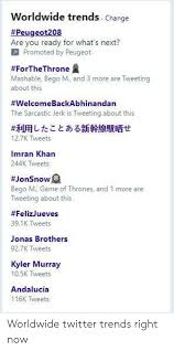 Twitter trends in worldwide 1 0 rebeca. Worldwide Trends Change Peugeot208 Are You Ready For What S Next Promoted By Peugeot Forthethrone Mashable Bego M And 3 More Are Tweeting About This Welcomebackabhinandan The Sarcastic Jerk Is Tweeting About This