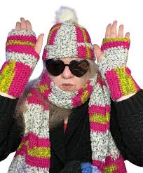 Crochet Hat With Faux Fur Pom Pom Scarf and Matching Hand Warmer Set in  Pink White and Green in Dragonfruit Colors, Warm Winter Sets for Her