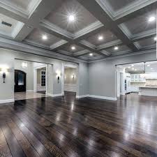 Grey laminate flooring represents a perfect foundation for styling. Grey Beam Coffered Ceiling Ideas With Grey Walls And Hardwood Flooring