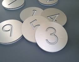 Cartello con numero civico. Numeri delle aule d'esame. Targa argentata con  numero civico. Numero dell'appartamento. Numeri delle camere d'albergo.