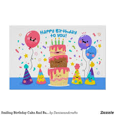 Birthday Cake And Balloons And Gifts Smiling Birthday Cake And Balloons Poster Zazzle Com In 2020 Birthday Background Custom Posters Birthday