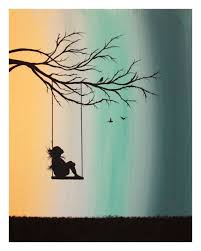 Meaningful Simple Bird On Tree Drawing Original Abstract Acrylic Painting Canvas Peppermint Swing Girl Tree Branch Swing Silhouette Birds Ombre Teal Aqua Yellow Sky Fantasy Wish Abstract Painting Acrylic Art Painting Canvas Painting