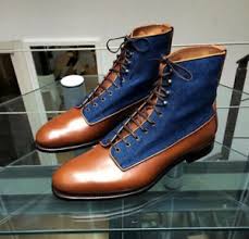 A funky blue suede chelsea boot with red side gusset. Handmade Men Two Tone Lace Up Ankle Boots Men Blue Jeans And Leather Ankle Boot Ebay