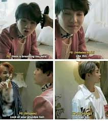 When Yoongi Forgot That He Actually Has The Same Hair Colour In Fire Era Just Like Jimin Does In Bst Era Wkwk Bts Boys Yoonmin Bts Bangtan Boy