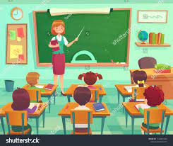 Classroom With Kids Teacher Or Professor Teaches Students In First Grade Elementary School Class Or Little Children Preschoo Classroom Elementary Schools Kids