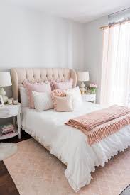 Neutral white & beige coastal bedrooms with a modern flair. My Chicago Bedroom Parisian Chic Blush Pink Bows Sequins Relaxing Master Bedroom Gold Bedroom Bedroom Design