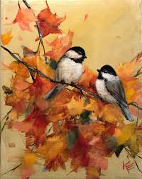Abstract Bird Paintings On Canvas Chickadee Fall Leaves By Krista Eaton Original Art Bird Paintings On Canvas Abstract Art Painting Birds Painting