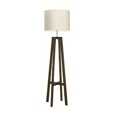 Brass and wood tripod floor lamp stand with shade and bulb, wood colour. Wooden Tripod Floor Lamp Sarah Bowen Lighting