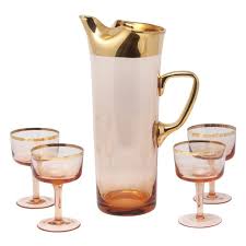 Pink Gold 5 Pc Hungarian Cocktail Pitcher Set Pitcher Set Gold Rims Antique Glassware