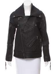 Black Rebecca Minkoff Textured Leather Jacket With Notched Collar Dual Zip Pockets Zipper Accent At Cuffs And Asymmetrical Zip Leather Jacket Jackets Clothes