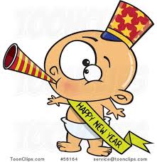 Cartoon White New Year Baby Blowing A Horn Wearing A Top Hat And A Banner 56164 By Ron Leishman Cartoon Banner Horns