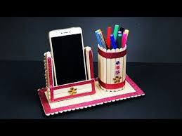 Diy Pen Stand And Mobile Phone Holder With Icecream Sticks Icecream Stick Craft Youtube Craft Stick Crafts Popsicle Crafts Popsicle Stick Crafts