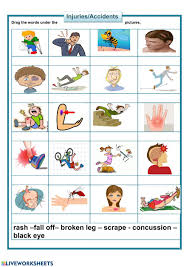 List of esl vocabulary about health problems with the meaning of each one. Injuries Worksheet