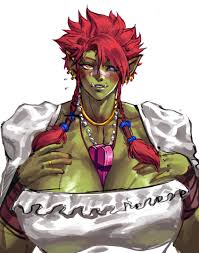 virgoart, cassandra (virgoart), original, absurdres, highres, 1girl,  bandaid, bandaid on face, bandaid on nose, black sclera, blush, braid,  breasts, colored sclera, colored skin, dress, earrings, female orc, green  skin, heterochromia, huge breasts, jewelry ...