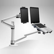 Aluminum Height Adjustable Double Arm Dual Mount Notebook Tablet Laptop Holder Stand For 10 15 Notebook And 7 10 Inch Tab Laptop Stand Tablet Laptop Tv Mounts