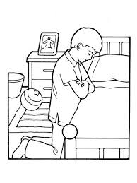 A Black And White Illustration Of A Boy Kneeling To Pray Next To His Bed With A Framed Picture Of The Resurrect Children Praying Lds Clipart Lds Coloring Pages