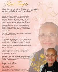 It is with great sadness that we acknowledge the transition of Mother  Evelyn M. Whitlock, the dear mother of our Pastor Dr. Mark E. Whitlock,  Jr., and mother in law of our