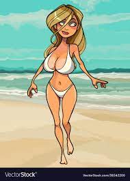 Cartoon sexy blonde woman in swimsuit walks Vector Image